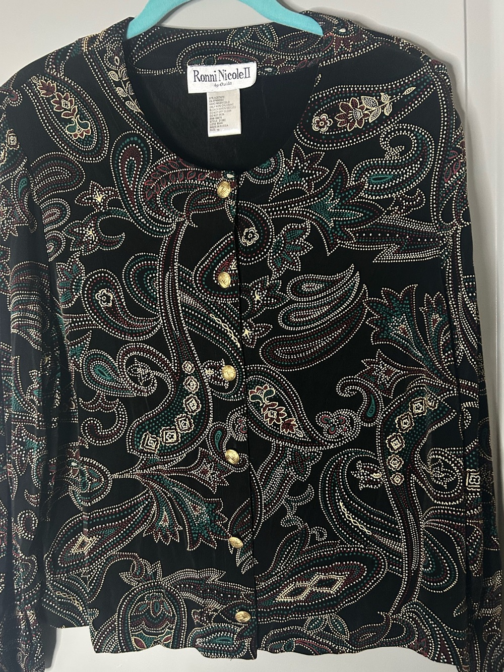 Ronni Nicole II Vintage Black Paisley Jacket with Gold Button